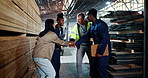 Hands stack, teamwork and business people in warehouse for construction, building and maintenance. Distribution, factory and men and women celebrate for logistics, infrastructure and manufacturing