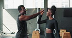 Gym, handshake and black couple with fitness, excited and motivation for training goals and happiness. Coaching, personal trainer or woman with man or agreement with workout, achievement or challenge