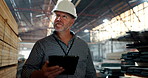 Mature man, tablet and checklist at warehouse or factory  to count stock or material. Supplier, logistics and manager with technology for manufacturing or distribution business to check information
