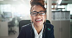 Business woman, face and laughing in a public relations office with confidence and glasses. Company, happy portrait and professional from Kuwait a corporate job and a startup with pride from career