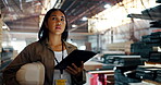 Woman, employee and tablet at warehouse or factory to count stock or material. Logistics, supplier and technology  with checklist for manufacturing or distribution business to check information
