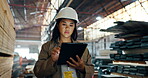 Woman, tablet and checklist at warehouse or factory to count stock or material. Logistics, supplier and employee  with technology for manufacturing or distribution business to check information
