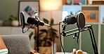 Studio, podcast and microphone or empty room for broadcasting service, entertainment or social media. Equipment, technology and recording talk show for radio live streaming, creative or subscription