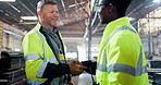 Handshake, teamwork and men in warehouse talking for agreement, greeting and deal for construction. Civil engineering, factory and people shaking hands for logistics, infrastructure and manufacturing