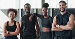 Group, fitness and workout portrait for training, health and wellness in studio gym with diversity. Friends, fun and exercise for weight loss, commitment and goals with personal trainer or coach