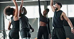 Group, fitness and motivation for huddle, workout and wellness in studio gym with diversity. Friends, fun and exercise for weight loss, commitment or goals with personal trainer or professional coach