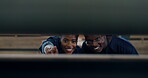 Warehouse, inspection and black woman, man and talking in construction site for teamwork. Collaboration, staff and  uniform, working and employees of business, discussion and planning with glasses