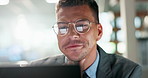 Man, face and reading on computer at office, trader at finance company with investment and data analysis. Productivity, stock market and business growth with research, review and stats on dashboard