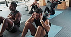 Fitness, sit ups or men in gym training abs for six pack muscles or strong stomach on mat in exercise. Class, people or healthy athletes in calisthenics for core strength, abdomen or body workout