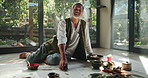 Alternative medicine, herbs and face of person at ritual for mindfulness, peace or traditional customs. Zen, portrait and man at aromatherapy ceremony for spiritual healing for mind, body or soul