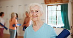 Fitness, yoga and portrait of old woman in class for health, wellness and exercise in confidence. Smile, workout and happy face of senior person in pilates studio for challenge, balance and body care