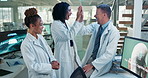 Science, team and high five or happy in laboratory with medical research breakthrough and congratulations. Scientist, man and woman or excited for discovery, collaboration and hand gesture for study 