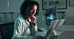 Science, night and woman at computer thinking, brainstorming or checking online results for study. Medical research, healthcare and scientist at desk with website search for problem solving in lab