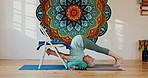 Chair, old woman and yoga with exercise, home and retirement with hobby and wellness. Pensioner, senior person and mature lady with pose and iyengar with workout and flexible with routine and fitness