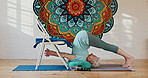 Chair, old woman and yoga with training, home and retirement with cardio, exercise and activity. Pensioner, senior person or mature lady with wellness or iyengar with workout or flexible with fitness