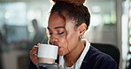 Drinking coffee, office and desk with a business woman in the morning on a break at attorney company. Tea, relax and calm professional with a mug at a computer with a hot drink ready to start work