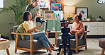 Microphone, interview and women in living room for social media, discussion or live streaming talk show. Podcast, content creation or people in studio hosting current events, news or broadcast speech