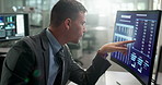 Man, computer screen and analytics as financial advisor with  statistics, research or stock. Male person, pointing and digital date as online reading or trading numbers, accounting or problem solving