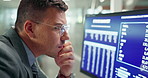 Man, computer screen and analytics for financial stock market with statistics, research or internet. Male person, digital data with online reading for trading numbers, accounting or problem solving