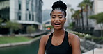 Happy, portrait or black woman in city with arms crossed for running, exercise or fitness workout in town. Confident, smile or female sports athlete ready to start practice for wellness or training