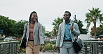 City, corporate and business people with suitcase for travel, morning commute and work trip. Walking, professional and African man and woman with luggage for global convention, airport and journey
