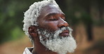 Breathing, relax or black man hiking in forest, woods or nature for calm peace, trekking or outdoor adventure. Face, zen or senior hiker in park for travel, freedom or wellness on holiday vacation 