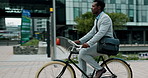 Business man, bicycle and travel in city with sustainability, direction and commute in road by buildings. Person, corporate employee and bike for eco-friendly transportation on urban street in Kenya