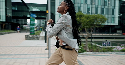 Business woman, running and late in street with briefcase for corporate ...