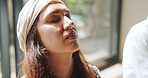 Woman, hippie and breathing calm to relax for holistic ritual for spiritual or natural healing in sacred place. Female person or naturopath, traditional healer and shaman for cleansing mind.