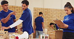 Food, donations and woman with checklist for charity event, volunteering and community service. Ngo organisation, help and person with clipboard for grocery, parcel or produce for feeding project
