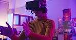Gaming, interactive virtual reality and woman at night for entertainment, online games and esports. Gamer, neon lighting and person with vr goggles for metaverse, cyber world and digital competition