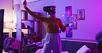 Gaming, virtual reality and woman in home at night for entertainment, online games and esports. Gamer, neon lighting and person with vr goggles for metaverse, cyber world and digital competition