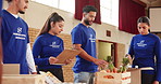 Food, donation and volunteers with checklist for charity event, volunteering and community service. Ngo organisation, help and people with clipboard for grocery, parcel or produce for feeding project