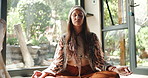 Woman, yoga and meditation with zen for spiritual wellness, fitness or indoor exercise at home. Calm female person or yogi meditating in lotus for inner peace, relaxation or stress relief on floor