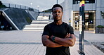 City, fitness and confident black man after exercise with arms crossed on street in morning. Training, challenge and face of calm runner outdoor with commitment for healthy workout and wellness