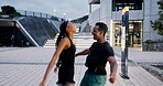 Runner, celebrate and high five with athlete in city, happy people or friends with chest bump in excitement. Fitness, goal and achievement for health, wellness and teamwork for target with progress