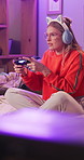 Focus, girl or controller to play, video game or fun on esport, app or bed as virtual challenge. Gen z woman, gamer or remote tech to remember how to solve, level up or online gaming competition