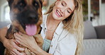 Woman, dog and hug in home for love connection as animal owner for relax wellness, together or care. Female person, german shepherd and lounge bonding with pet for trust support, embrace or happiness