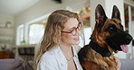 Love, glasses and woman in home with dog for company, commitment and loyalty with animals on couch. Pet care, woman and German Shepard in living room for bonding, support and relax together on sofa