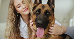 Woman, dog and scratch in home for love connection as animal owner for relax wellness, together or care. Female person, german sheperd and lounge bonding with pet for trust stroke, house or happy