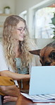 Love, laptop and woman in home with dog for company commitment and loyalty with animals on couch. Pet care, woman and German Shepard with remote work for online project, support and relax on sofa