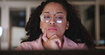 Woman, thinking and ideas for blog with glasses, vision and writer with inspiration, productivity and writing article. Focus, choice or decision with laptop, research and notes for story or review
