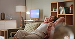Woman, stretching and relax on sofa with breathing, meditation and calm mindfulness in home. Stress management, self care and person in lounge with peace on holiday or vacation with healthy mindset