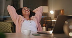 Woman, stretching and relax at work with breathing, meditation and calm mindfulness or happiness. Stress management, self care and person at laptop with relief for finished project late at night