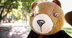 Bear costume, business person and city at park for selfie on walk, path and show location on social media. Mascot, character and influencer in suit for live stream on web with video for post on vlog