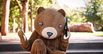 Person, phone call or argument in costume, mistake or angry at missed, casting or audition in park. Bear mascot, tablet or hand gestures to fight, worry or ask question to solve booking problem