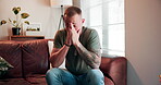 Man, hands or sofa in stress, anxiety or depression by trauma of military service to pray for answer. Male veteran, sad or couch as fatigue, ptsd or brain fog in memory, grief or loss of soldiers