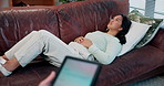 Relax, therapist and woman on sofa for counseling with tablet, discussion and help in anxiety, trauma or stress. Mental health, therapy and person on couch for consultation, treatment and digital app