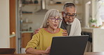 Senior couple, laptop and budget discussion with retirement,  funeral and digital investment planning. Relax, conversation and password check for online banking and reading together   on a website
