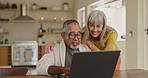 Senior couple, laptop and budget discussion with retirement plan and digital investment growth. Happy, conversation and finance check for online banking and reading together on website with a smile